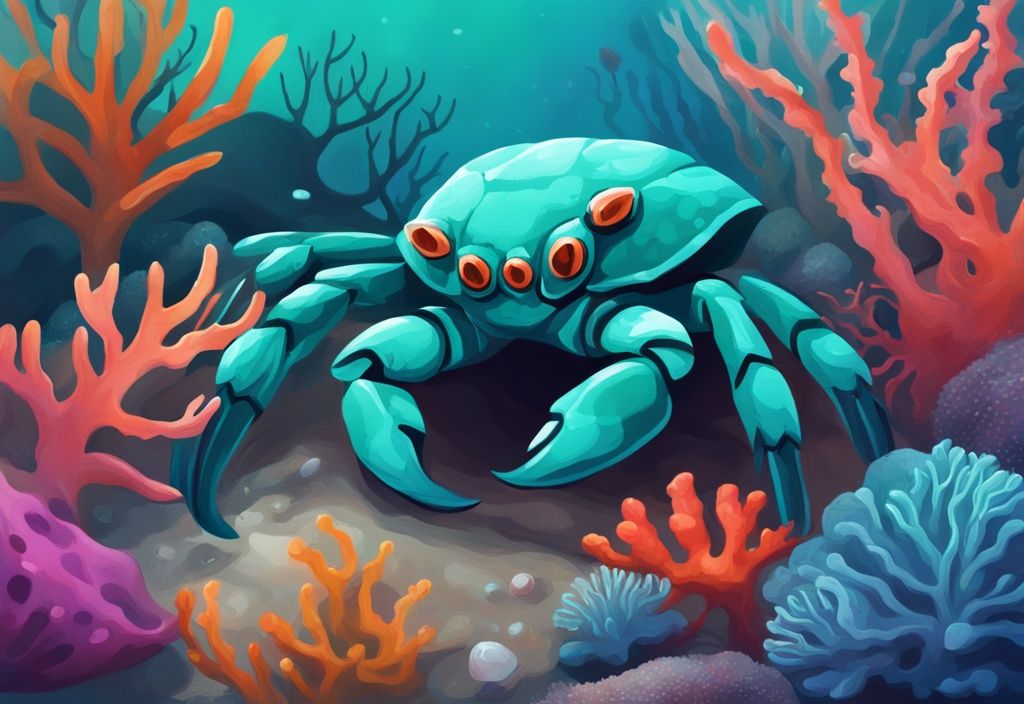 Panther Crab in vibrant teal-themed digital painting among colorful coral reefs and exotic marine life.