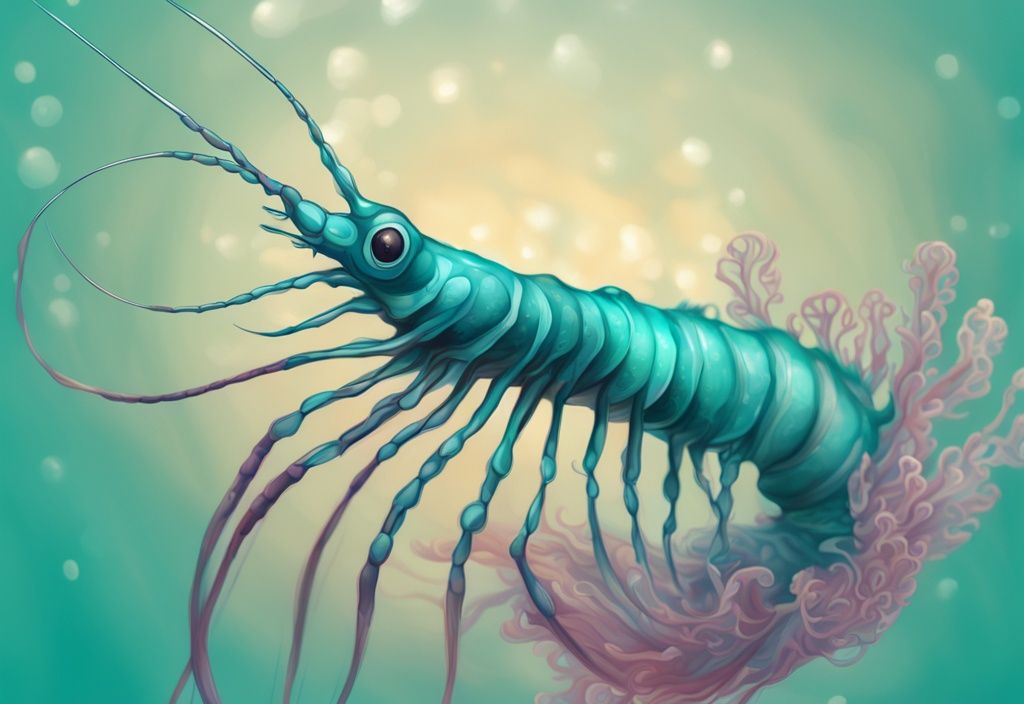 Close-up digital painting of a Vorticella Shrimp in teal hues with intricate details against a blurred underwater background.