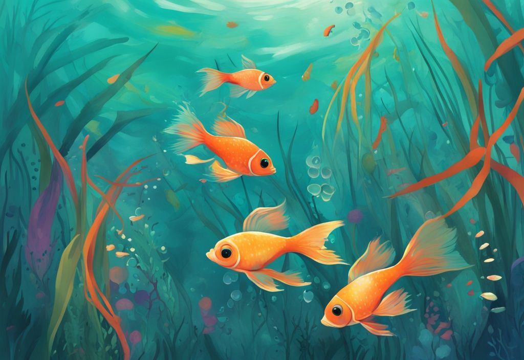 Underwater scene with teal theme, featuring guppy grass and colorful guppies swimming.