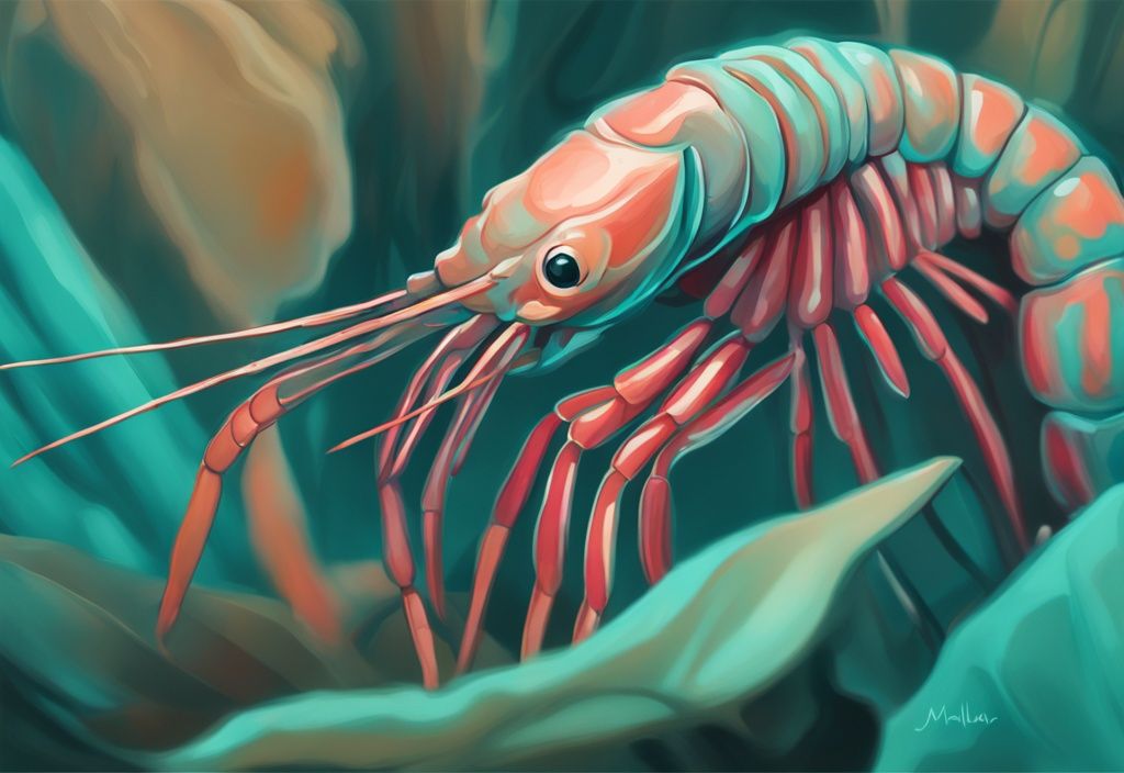 Close-up of Malawa Shrimp in natural habitat, showcasing vibrant teal colors and unique textures in a modern digital painting illustration.