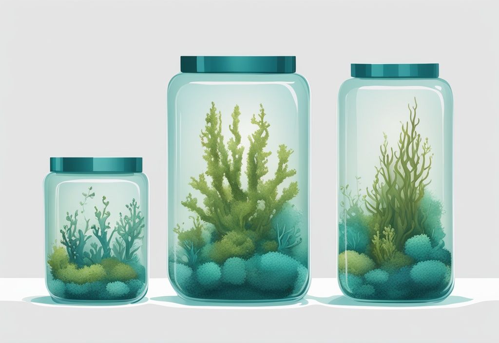 Modern digital painting of aquarium moss in glass containers on white background, teal color theme.