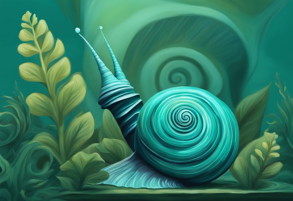 Teal-themed digital painting of a Pagoda Snail with spiral shell on underwater plant