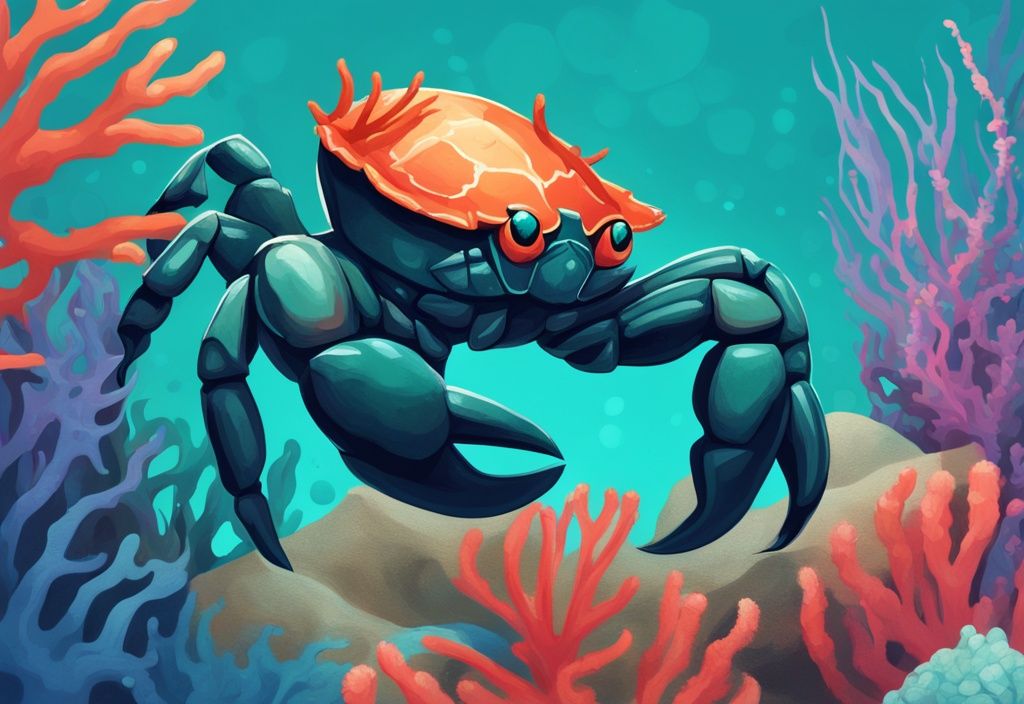 Panther Crab amidst vibrant coral reefs and marine life in a teal-themed digital painting illustration.