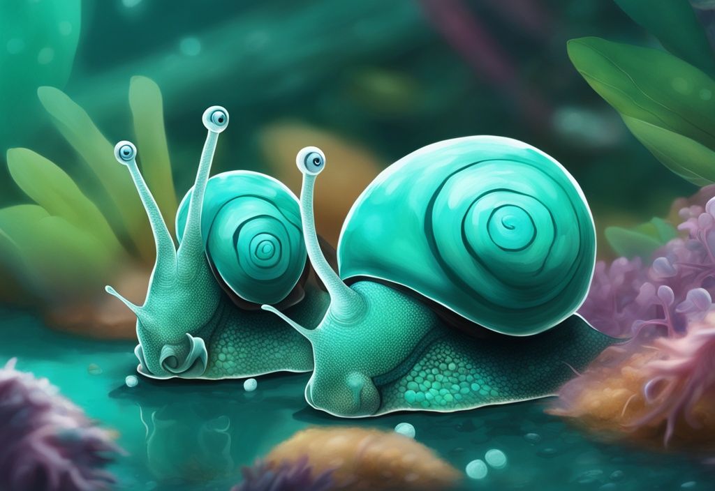 Close-up of Ramshorn Snail breeding in a teal-themed digital painting, featuring snails with visible eggs in a lush aquatic setting.