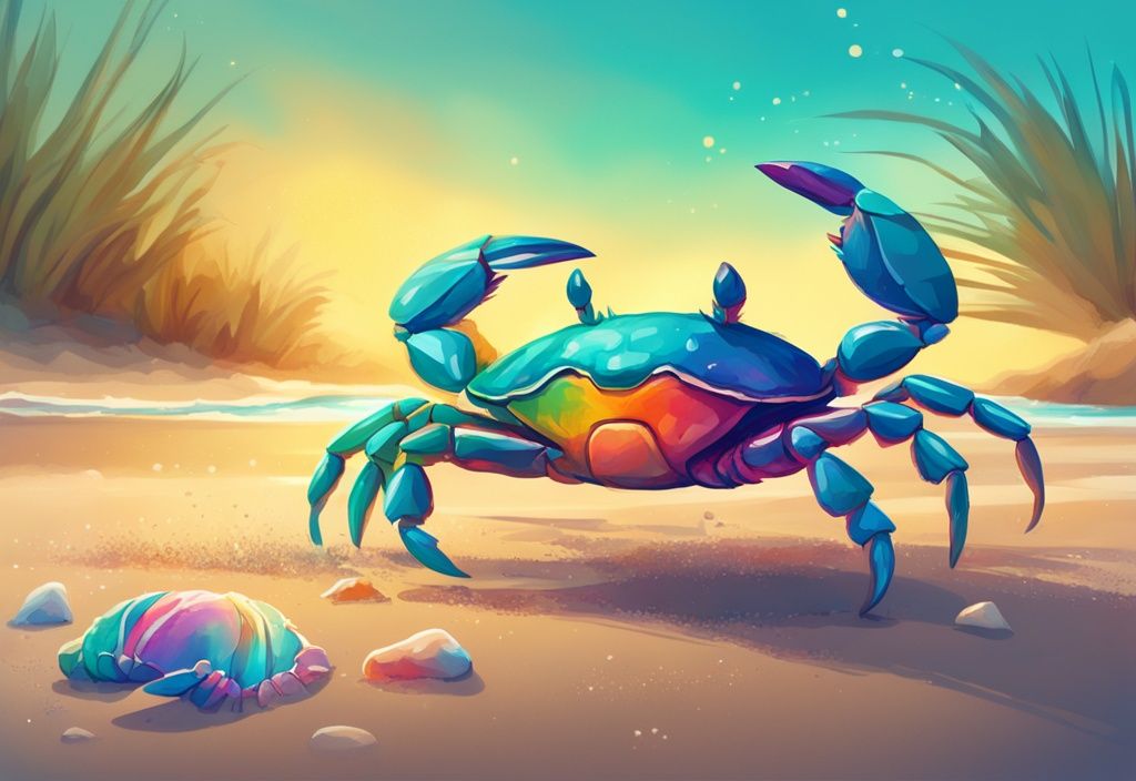 Vibrant Rainbow Crab on Sandy Beach, Teal-themed Digital Painting Illustration