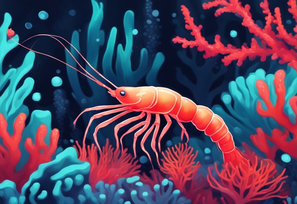 Rudolph Shrimp swimming among colorful corals in a modern digital painting with a teal theme and vibrant marine life.