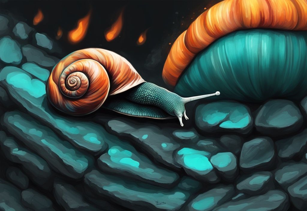 Fire Snail with flame-like shell on charcoal rocks, modern digital painting in teal theme.