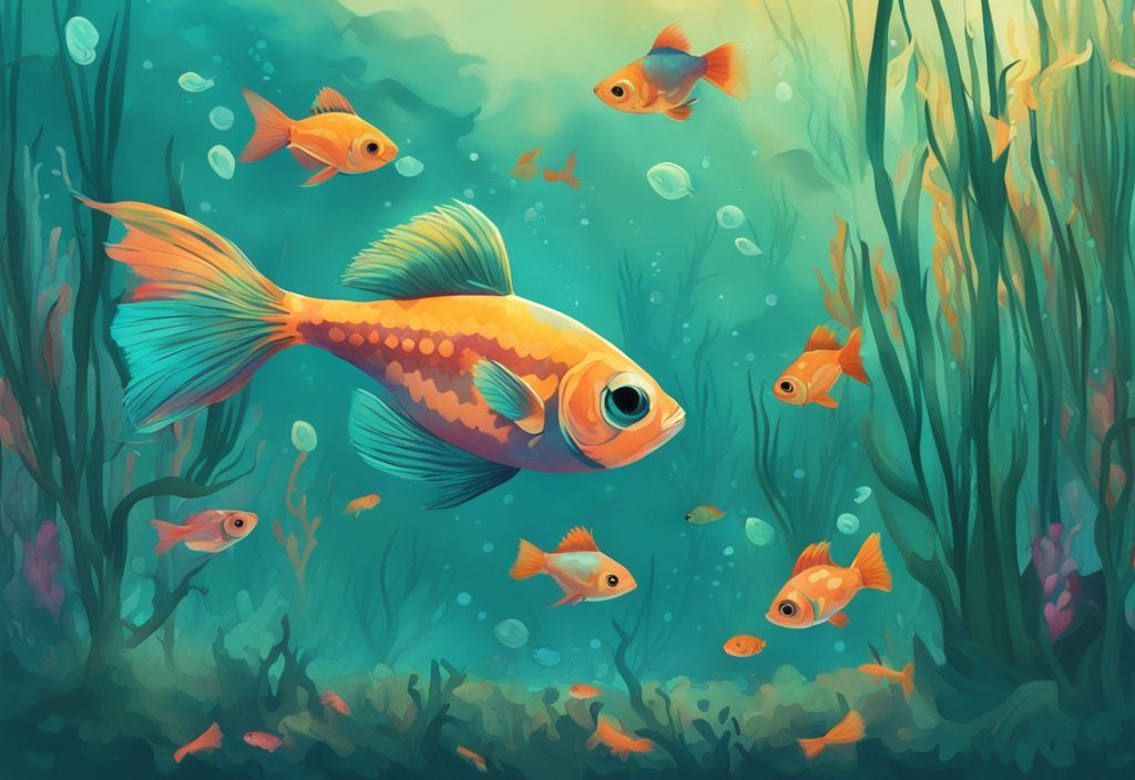 Modern digital painting of an underwater scene with teal theme, featuring guppy grass and a school of colorful guppies.