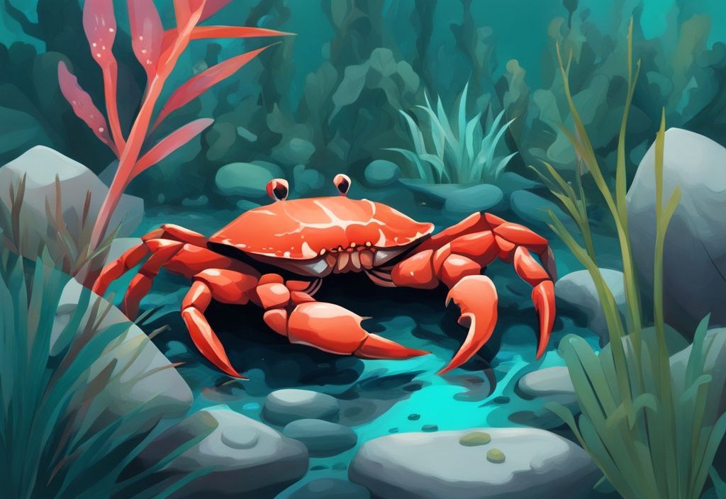 Teal-themed digital painting of a Panther Crab among stones and aquatic plants in a clear freshwater setting.