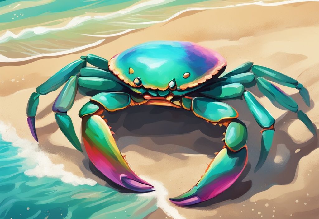 Rainbow Crab scuttling on a sandy beach with a gleaming colorful shell under bright sunlight in a modern digital painting illustration with a teal color theme.