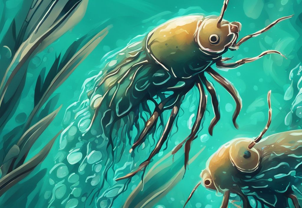 Close-up digital painting of water fleas in aquarium with teal theme.