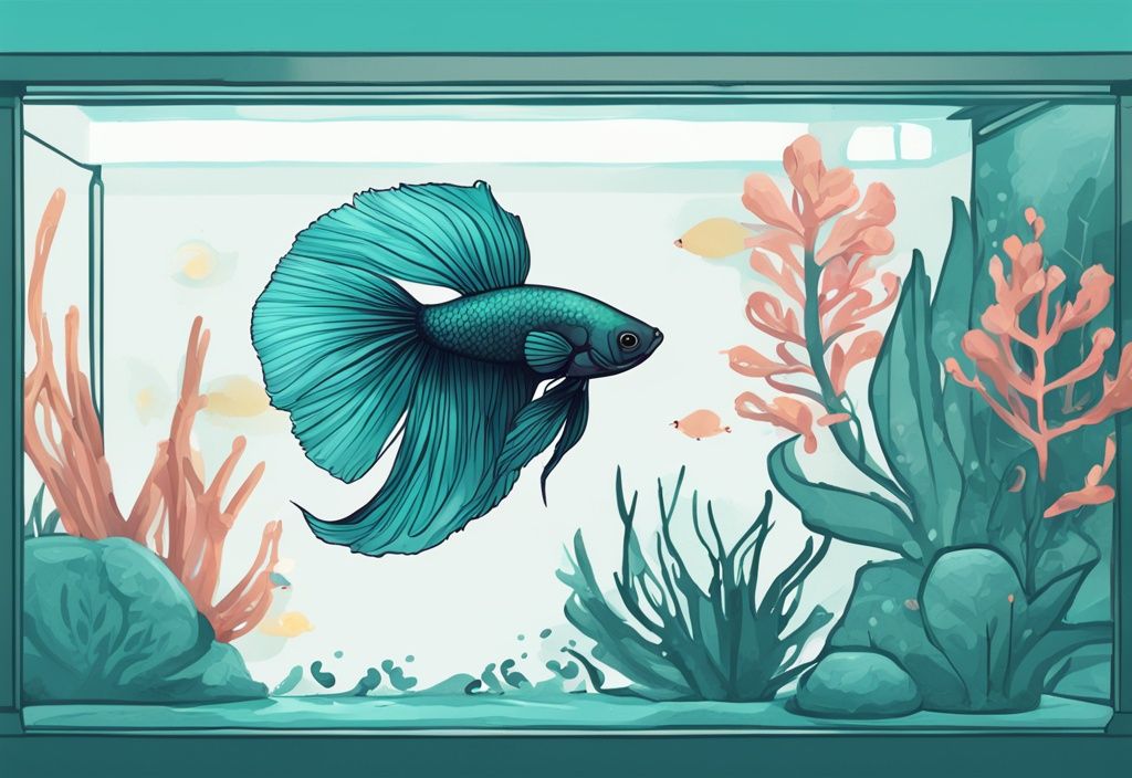 Teal-themed digital painting of a betta fish in a decorative aquarium with peaceful fish.