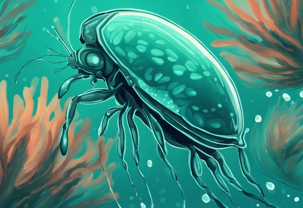 Close-up digital painting of water fleas in aquarium with teal color theme.