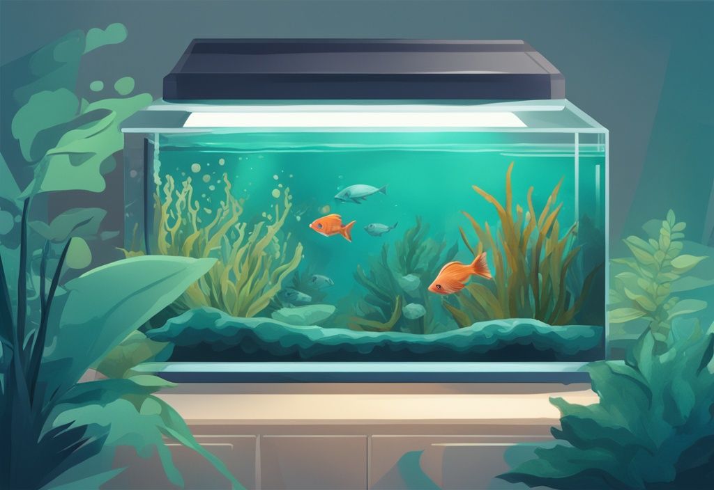 Modern digital painting of a low maintenance aquarium with teal theme, featuring hardy plants, easy-care fish, automatic feeder, and filtration system.