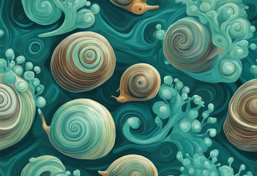 Modern digital painting of teal-themed Ramshorn Snails breeding, highlighting spiral shells and aquatic environment.