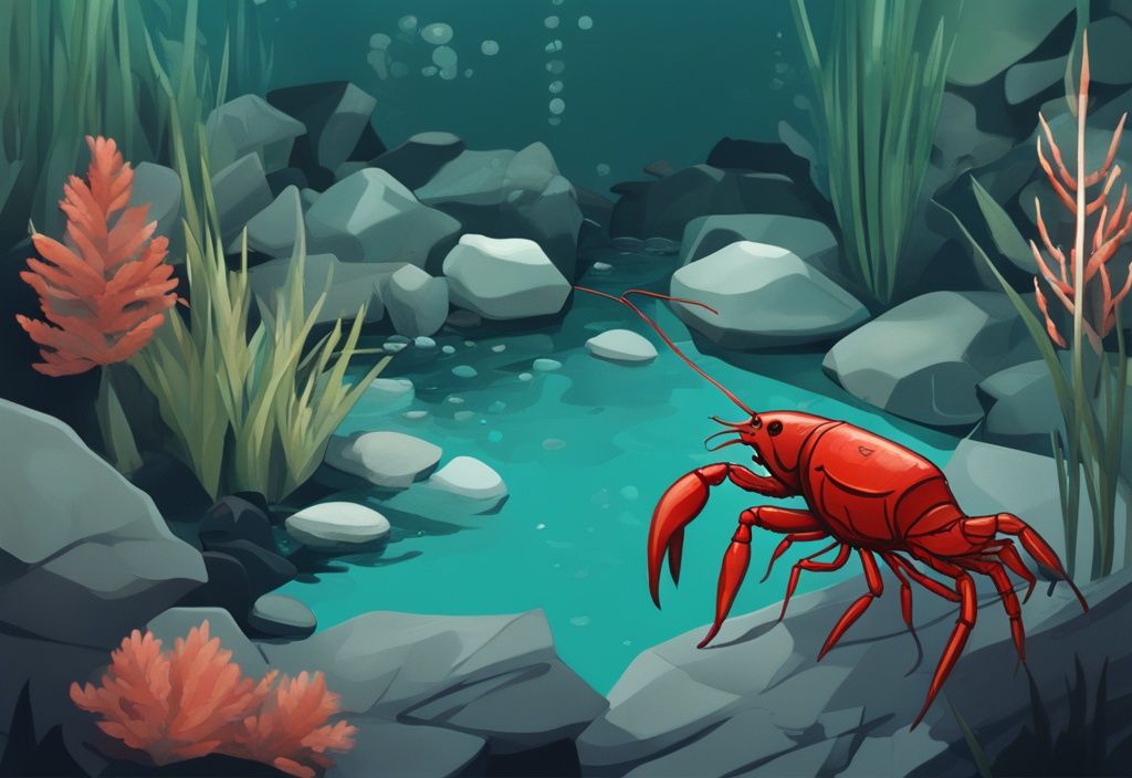 Modern digital painting of a teal-themed crayfish tank setup with aquatic plants, rocks, and a crayfish exploring its environment.