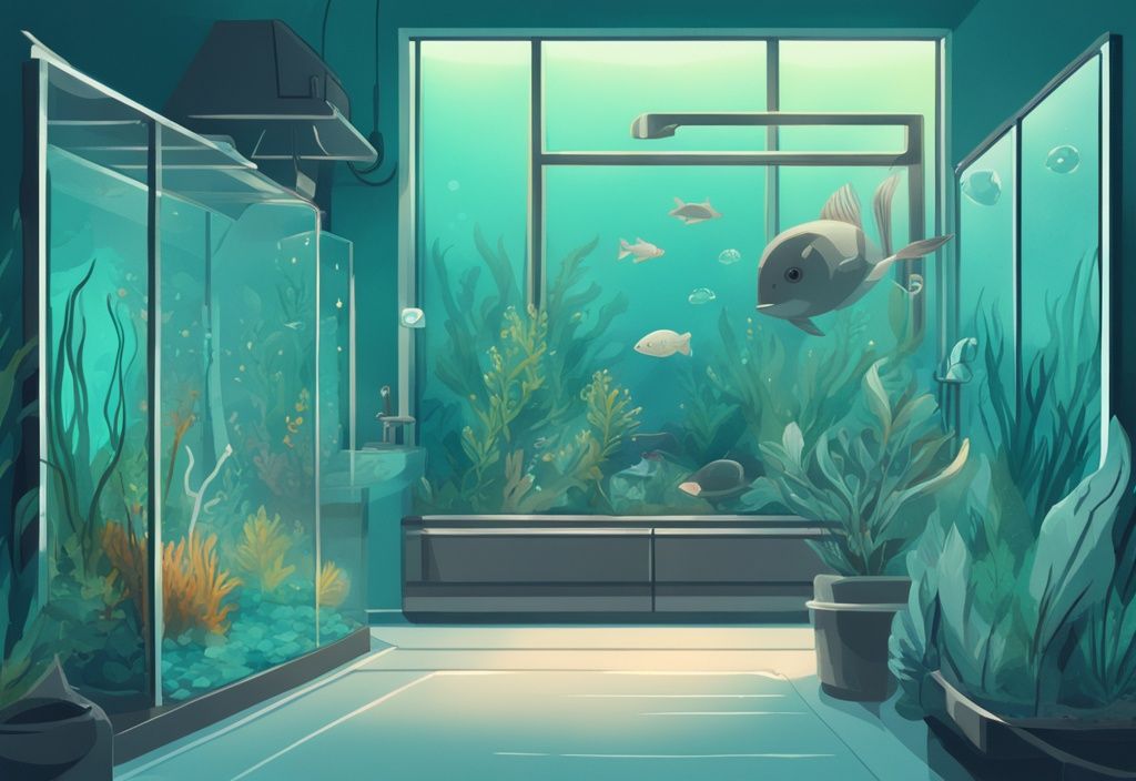 Modern digital painting of a teal-themed self-cleaning aquarium with hardy fish, live plants, and simple filter system.