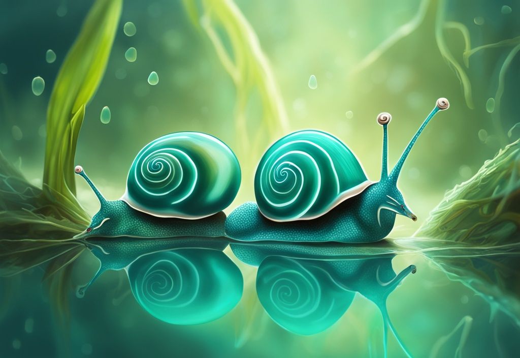 Close-up of Ramshorn Snail breeding in a teal-themed digital painting, featuring snails with visible eggs in a lush aquatic environment.