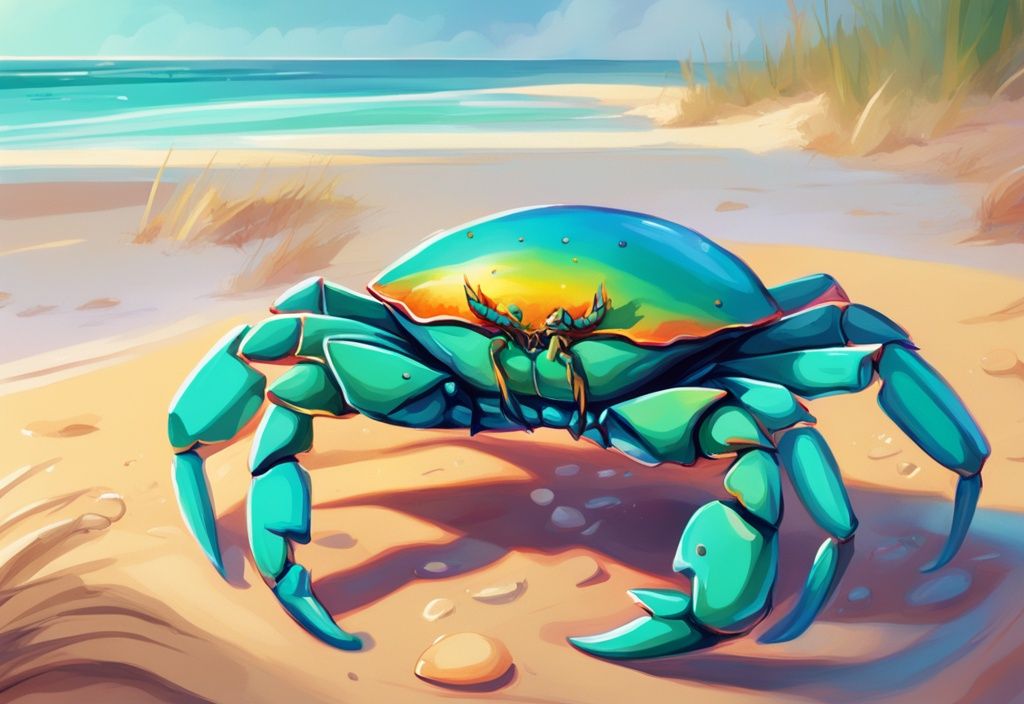 Rainbow Crab scuttling on a sandy beach with a vibrant teal-themed digital painting background, its colorful shell gleaming in the sunlight.