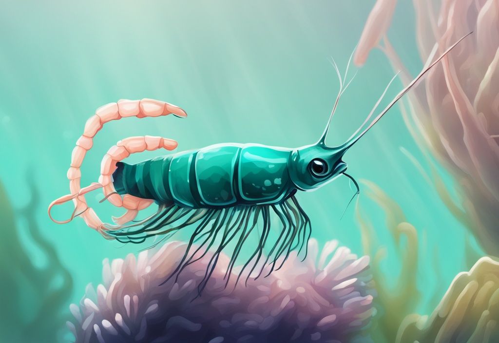 Close-up digital painting of Scutariella Japonica parasite on shrimp in freshwater aquarium, teal color theme