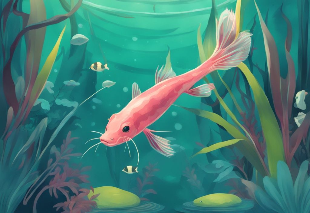 Modern digital painting of a Royal Farlowella twig catfish swimming in a teal-themed aquarium with vibrant aquatic plants.