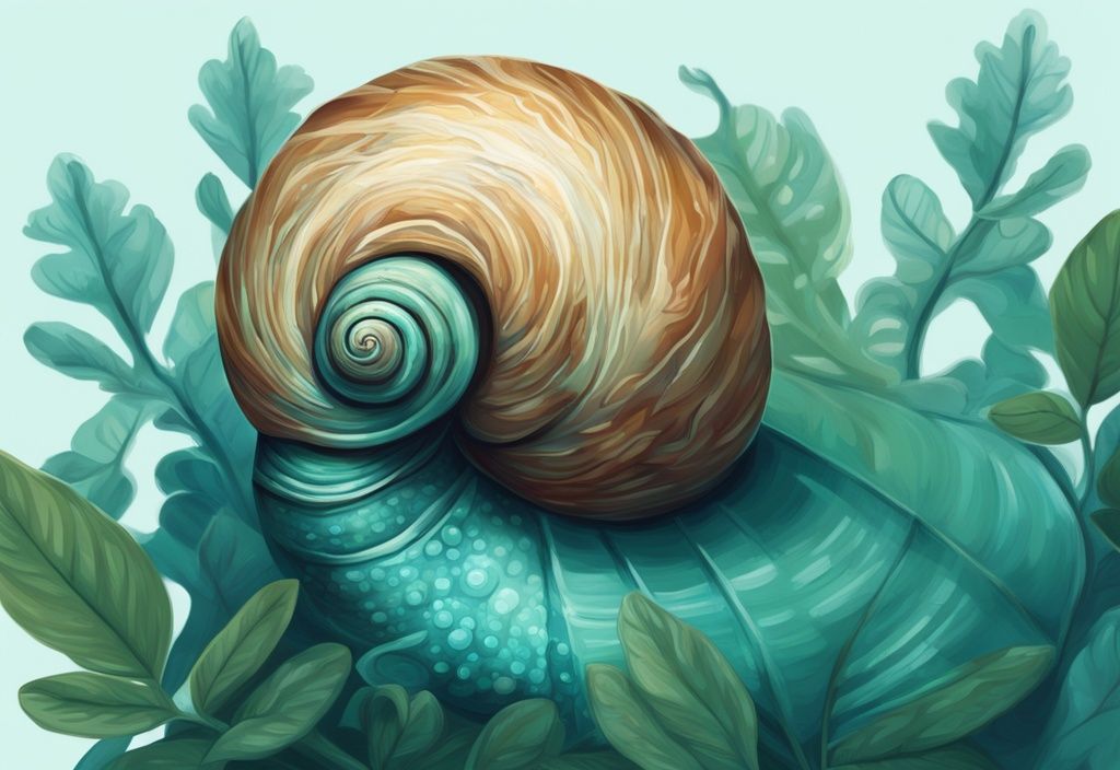 Close-up illustration of a Pagoda Snail on underwater plant, featuring a teal color theme.