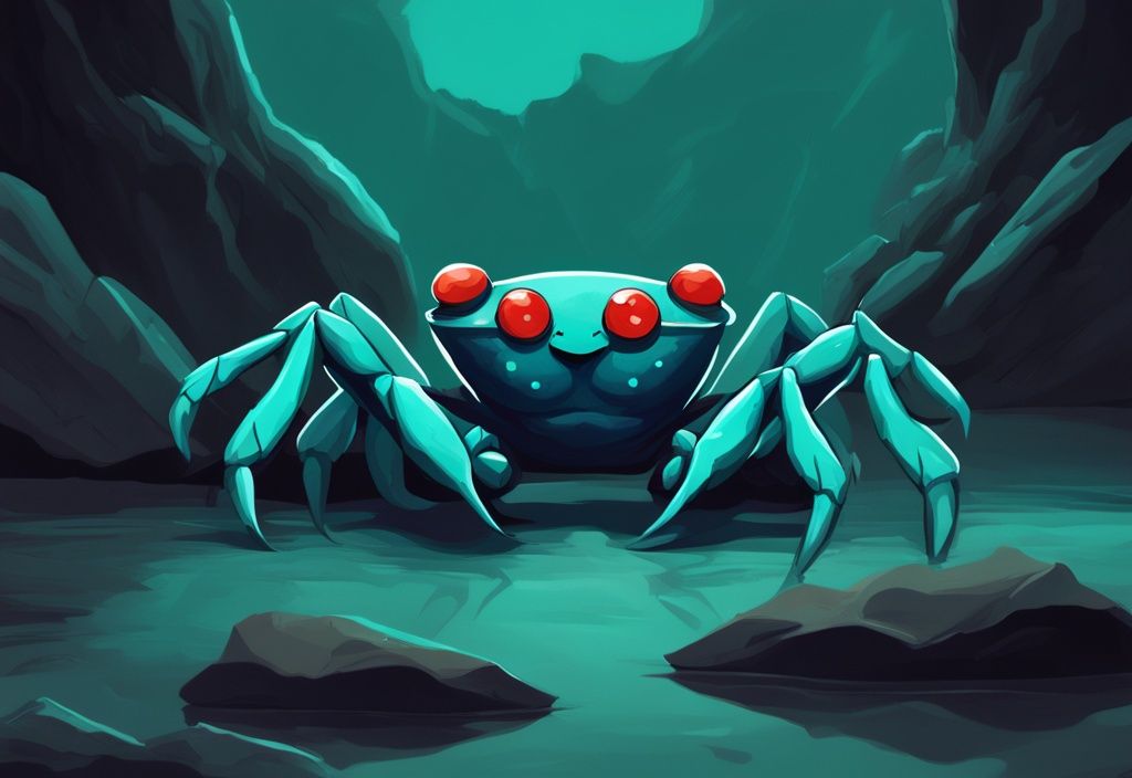 Vampire Crab in natural habitat with vibrant colors against dark rocky surroundings, modern digital painting in teal theme.