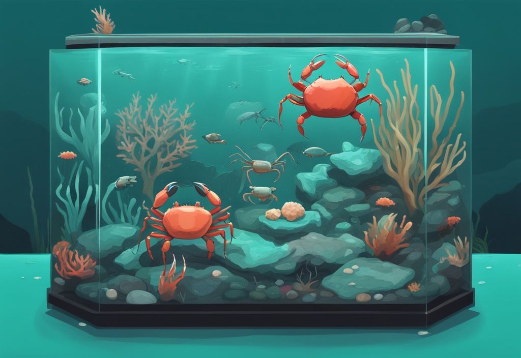 Modern digital painting of a teal-themed aquarium featuring crabs, rocks, marine plants, and a small shelter for an ideal crab tank setup.