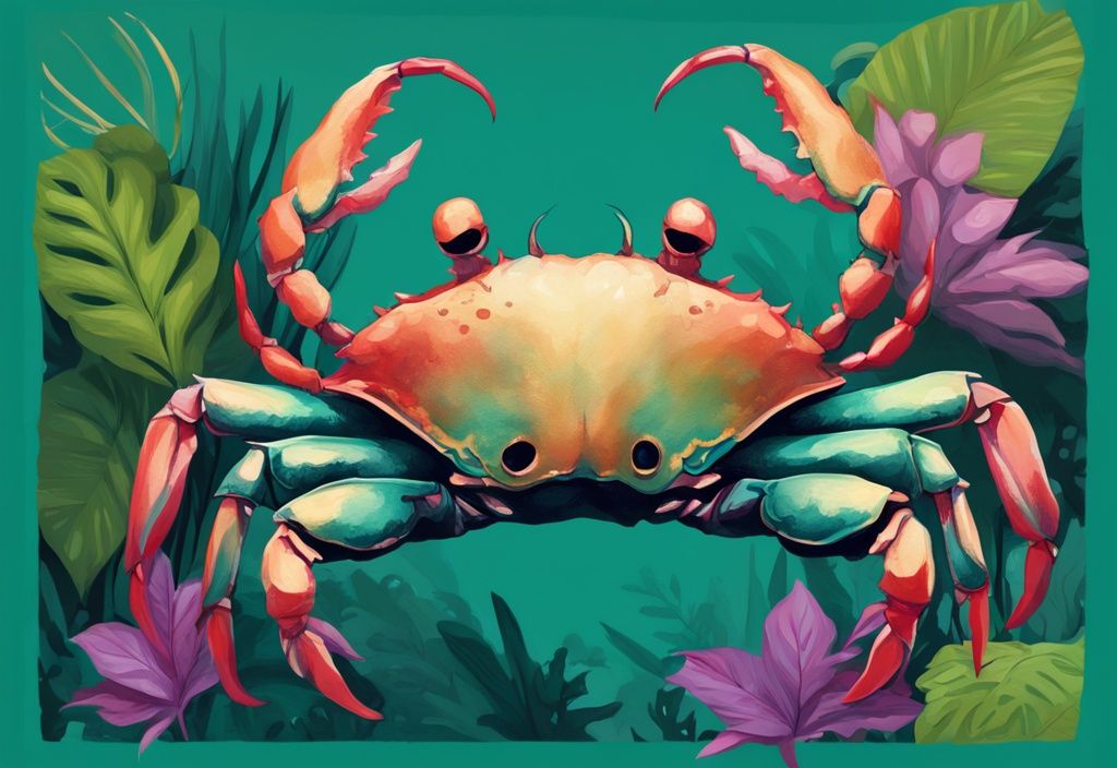 Modern digital painting of a vibrant Thai Devil Crab set against lush tropical foliage with a teal color theme.