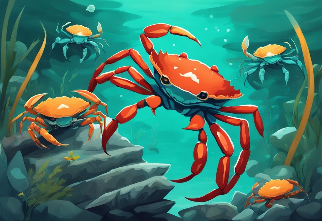 A vibrant digital painting of fully aquatic freshwater crabs scuttling among rocks and aquatic plants in a teal-themed underwater scene.