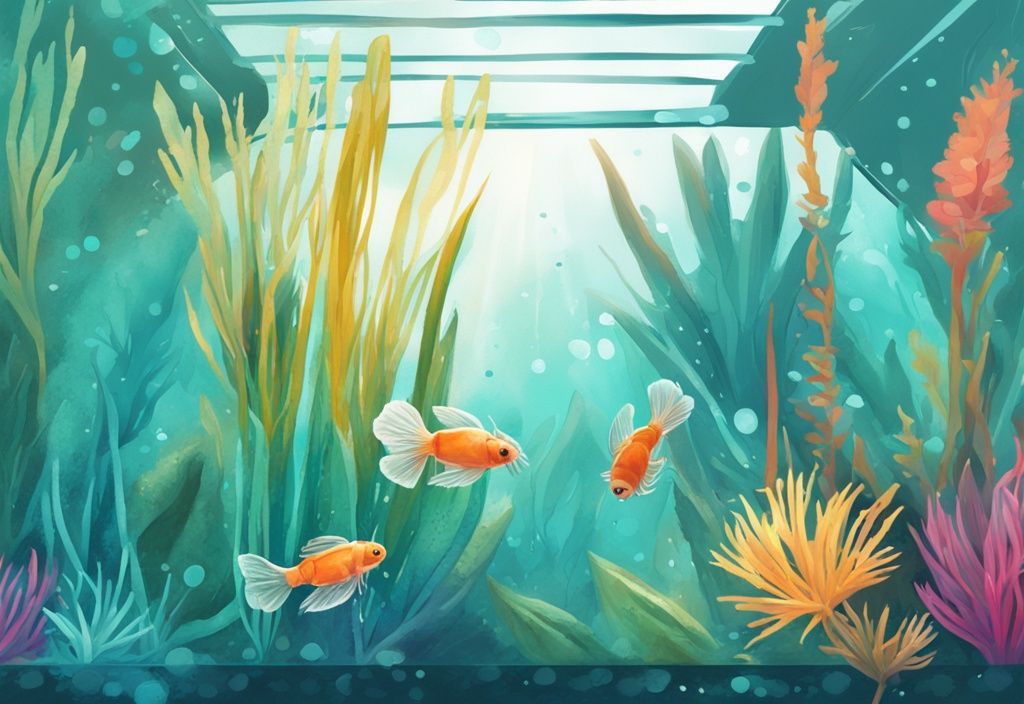 Close-up digital painting of water fleas swimming among vibrant aquatic plants in a teal-themed aquarium.