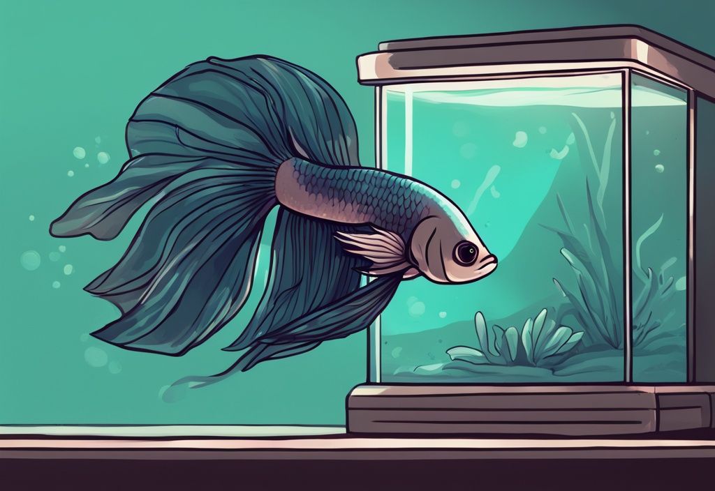 Modern digital painting of a Betta fish in a dimly lit aquarium, illustrating betta fish behavior before death with signs of lethargy and loss of appetite, set in a teal color theme.