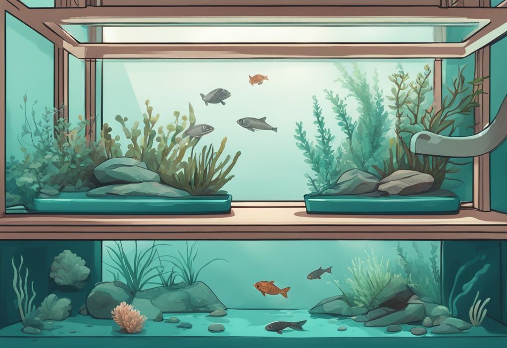 Modern digital painting of a teal-themed self-cleaning aquarium with hardy fish, live plants, and a simple filter system.