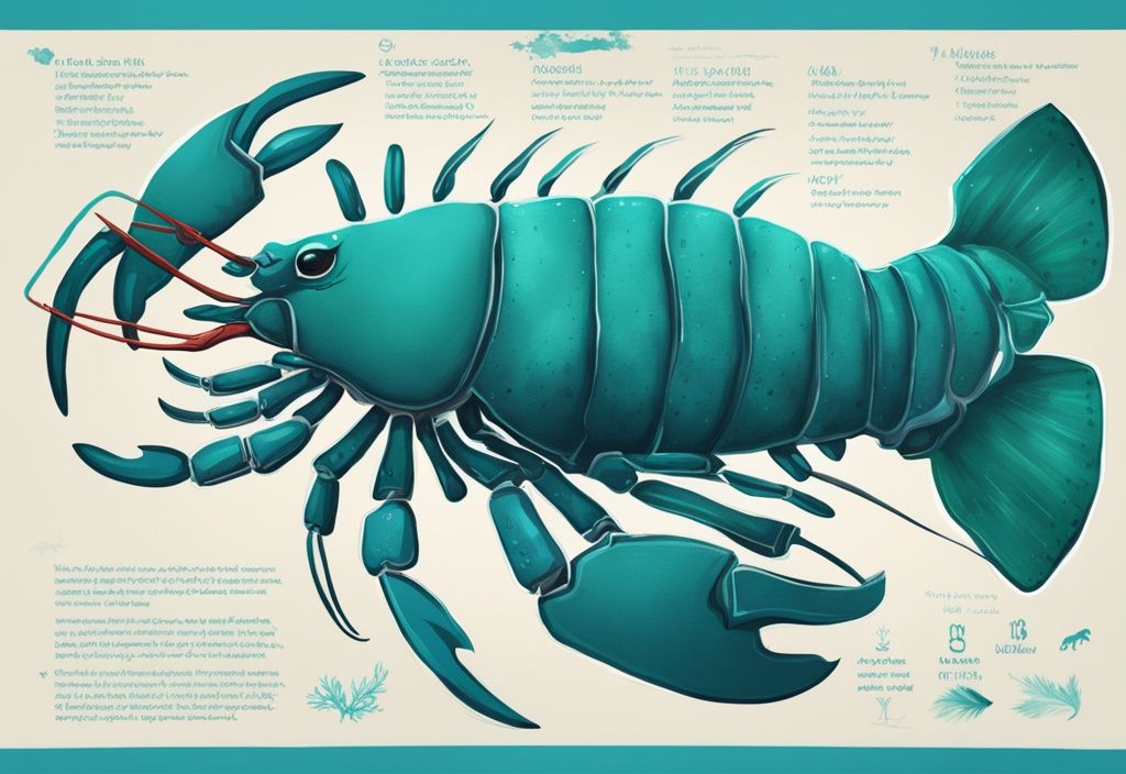 Modern digital painting of a Blue Alleni Lobster in teal tones with infographic elements, showcasing key features and care instructions for a Blue Alleni Lobster guide.