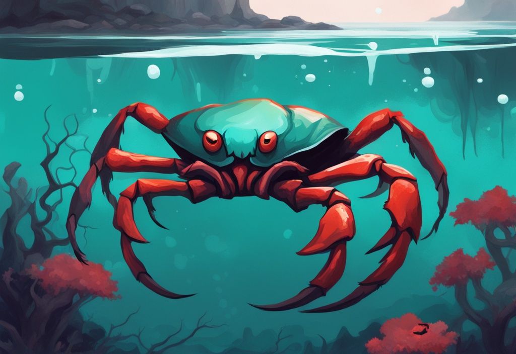 Vividly colored Vampire Crab in natural habitat, teal-themed digital painting, bright claws, partially submerged in water.