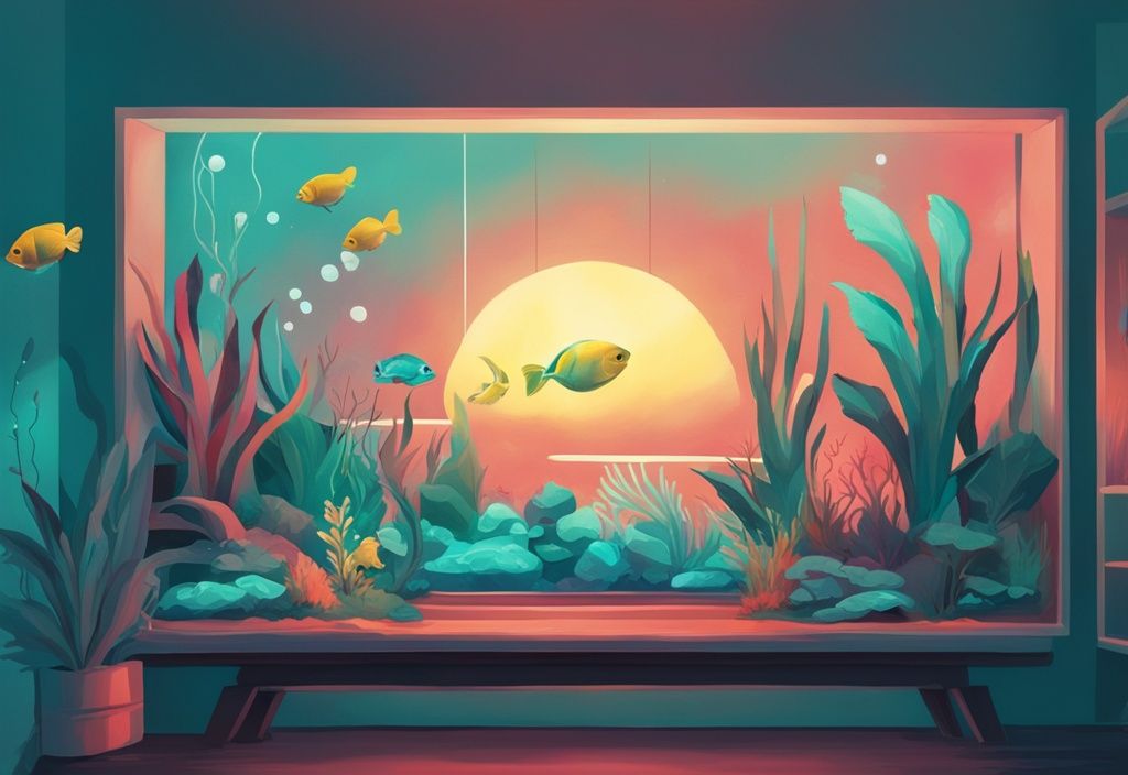 Modern digital painting of a vibrant teal-themed aquarium lit by sunrise, symbolizing optimal time to turn on aquarium light.