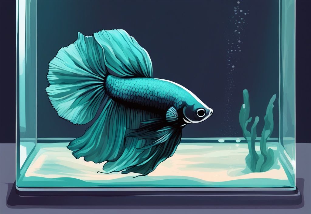 Modern digital painting of a Betta fish in a dimly lit aquarium, illustrating betta fish behavior before death with signs of lethargy and loss of appetite, featuring a teal color theme.