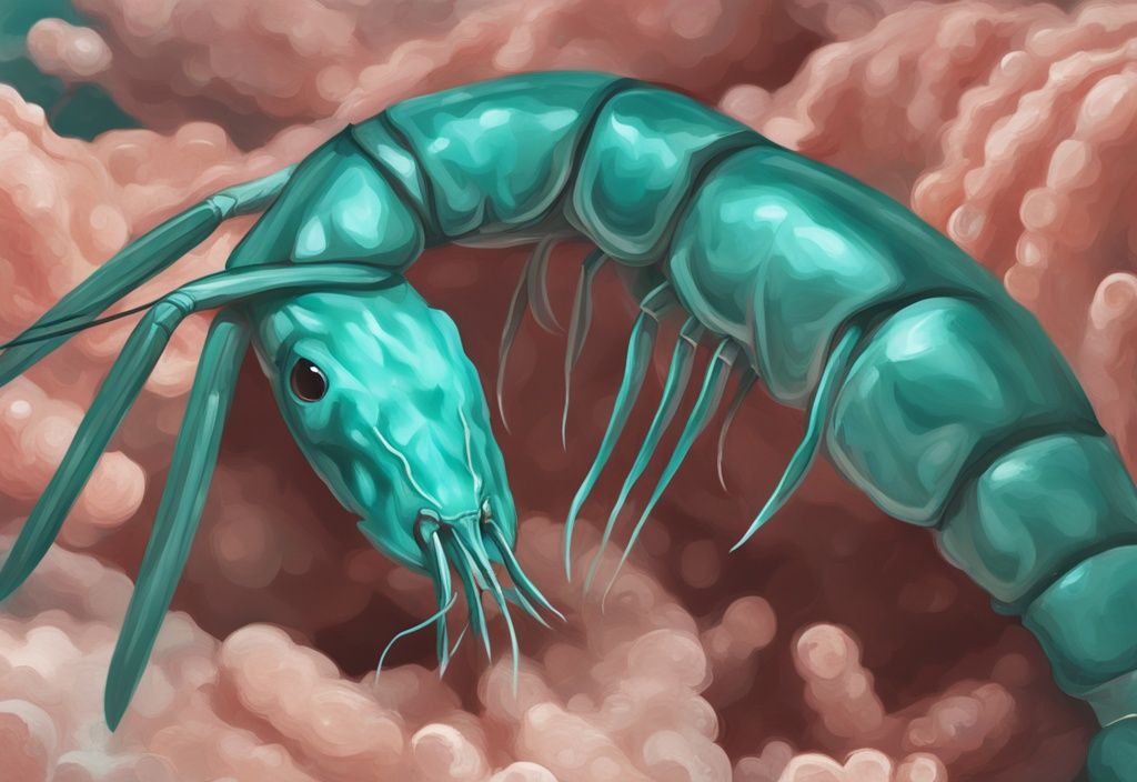 Close-up digital painting of a Malawa Shrimp in its natural habitat, highlighting its unique teal colors and texture.