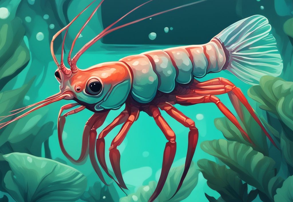 Close-up digital painting of Malawa Shrimp in a teal-themed freshwater aquarium with vibrant aquatic plants.