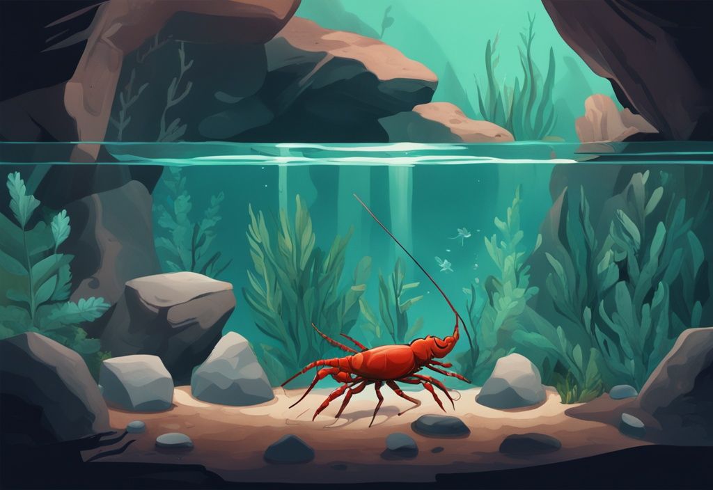 Modern digital painting of a crayfish tank setup with teal hues, featuring a well-lit aquarium scene with a crayfish, rocks, plants, and a small cave.