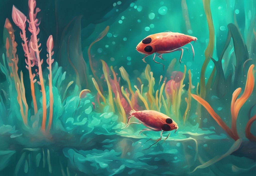 Modern digital painting of water fleas in teal-themed aquarium with vibrant aquatic plants.