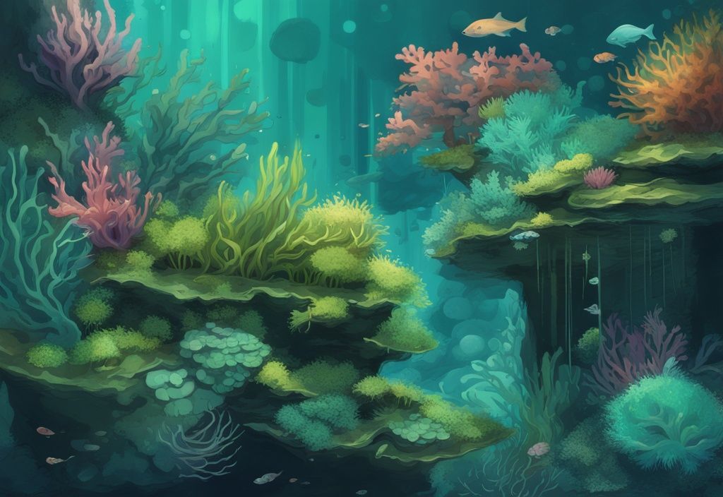 Modern digital painting of various types of aquarium moss in a teal-themed underwater setting.