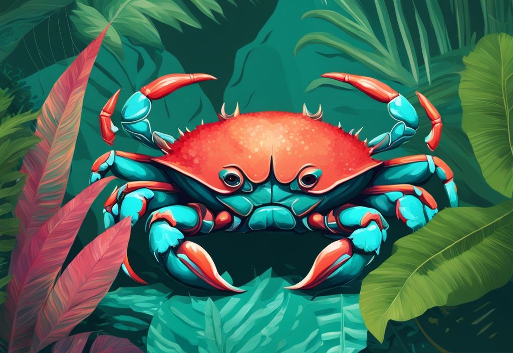 Modern digital painting of a vibrant Thai Devil Crab amidst lush tropical foliage with a teal color theme.