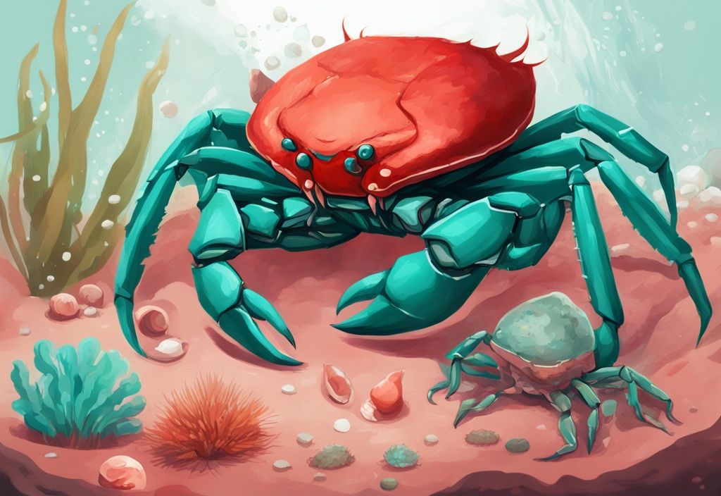 Modern digital painting of a Red Claw Crab eating algae, detritus, and small aquatic animals in its natural habitat, illustrating what do Red Claw Crabs eat, with a teal color theme.