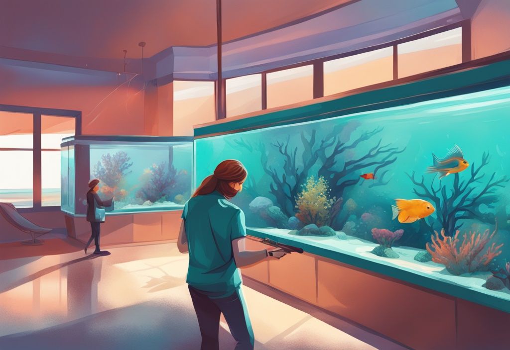 Beginner aquarist adding saltwater to a vibrant aquarium with colorful marine life, modern digital painting, teal color theme.