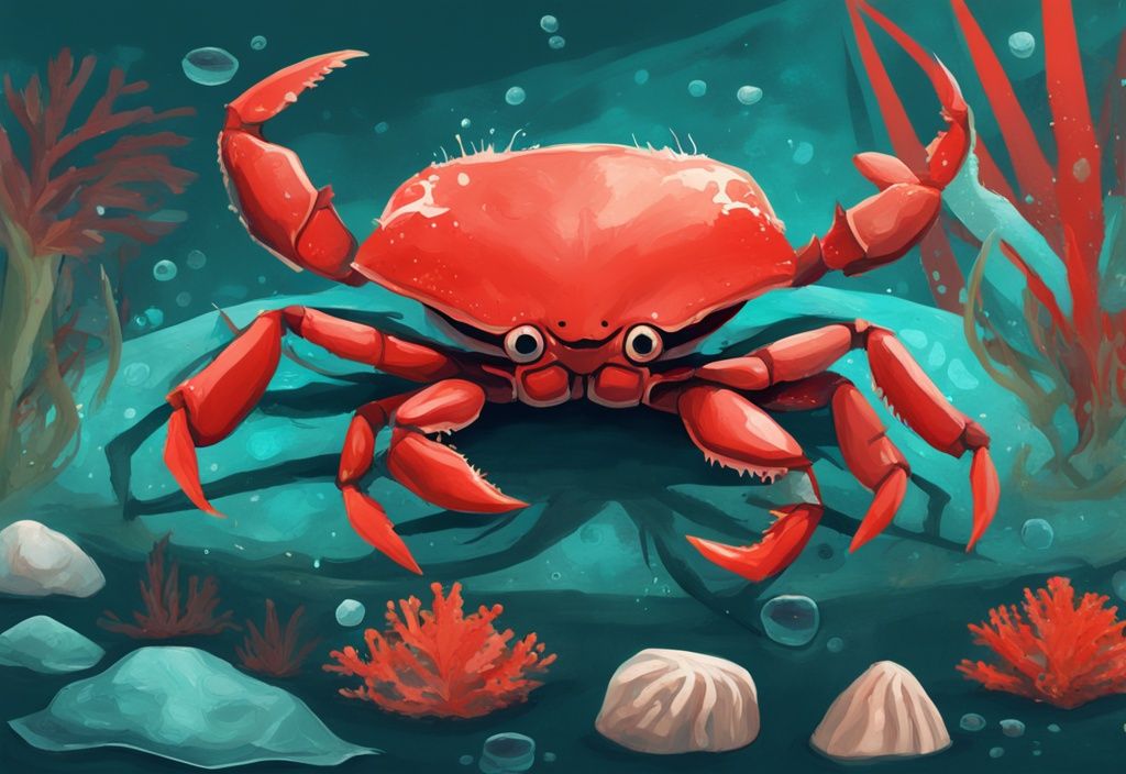 Modern digital painting of a Red Claw Crab in its natural habitat, showcasing what do Red Claw Crabs eat, including algae, detritus, and small aquatic animals, with a teal color theme.