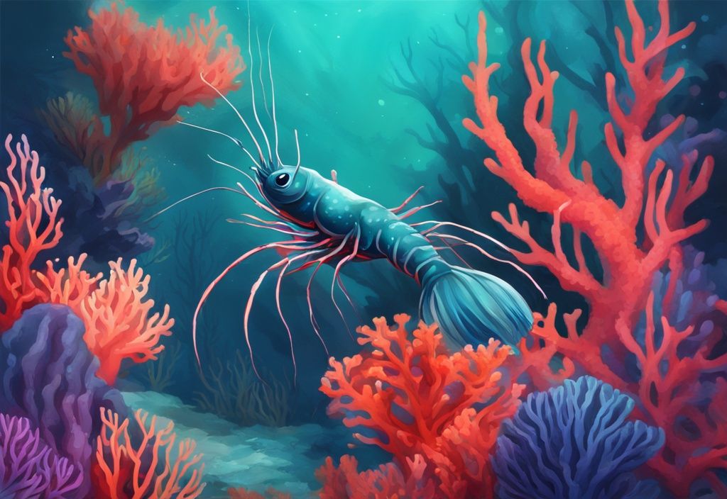 Rudolph Shrimp swimming among vibrant teal corals and marine life in a modern digital painting.