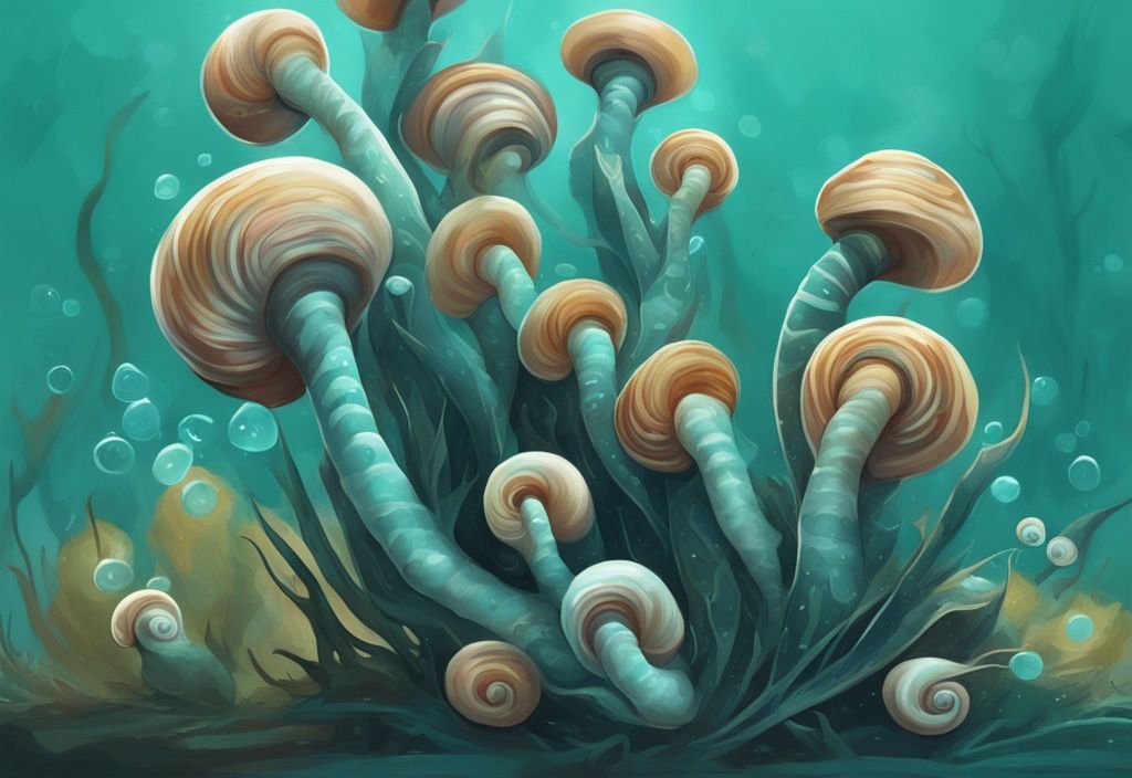 Modern digital painting of teal-themed Ramshorn Snails breeding, highlighting detailed spiral shells and aquatic environment.