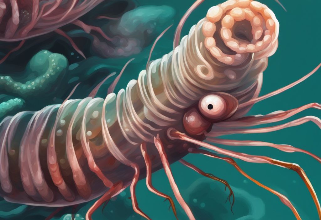 Close-up digital painting of Scutariella Japonica parasitic worm on a freshwater shrimp, with a teal color theme.