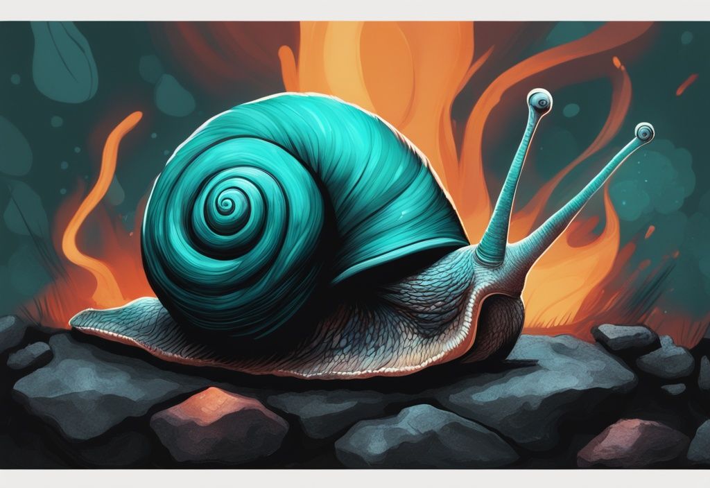 Fire Snail on charcoal-black rocks, vibrant shell resembling flickering flames, digital painting in teal theme.